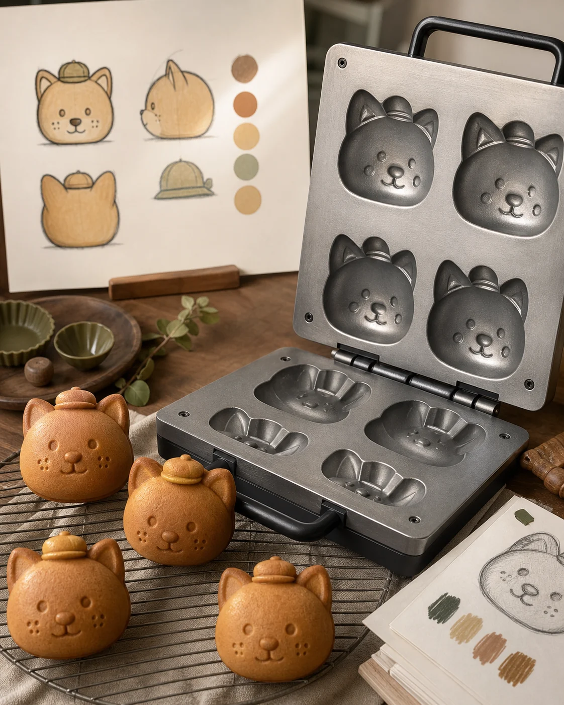 品牌吉祥物角色草圖、專屬模具與雞蛋糕成品